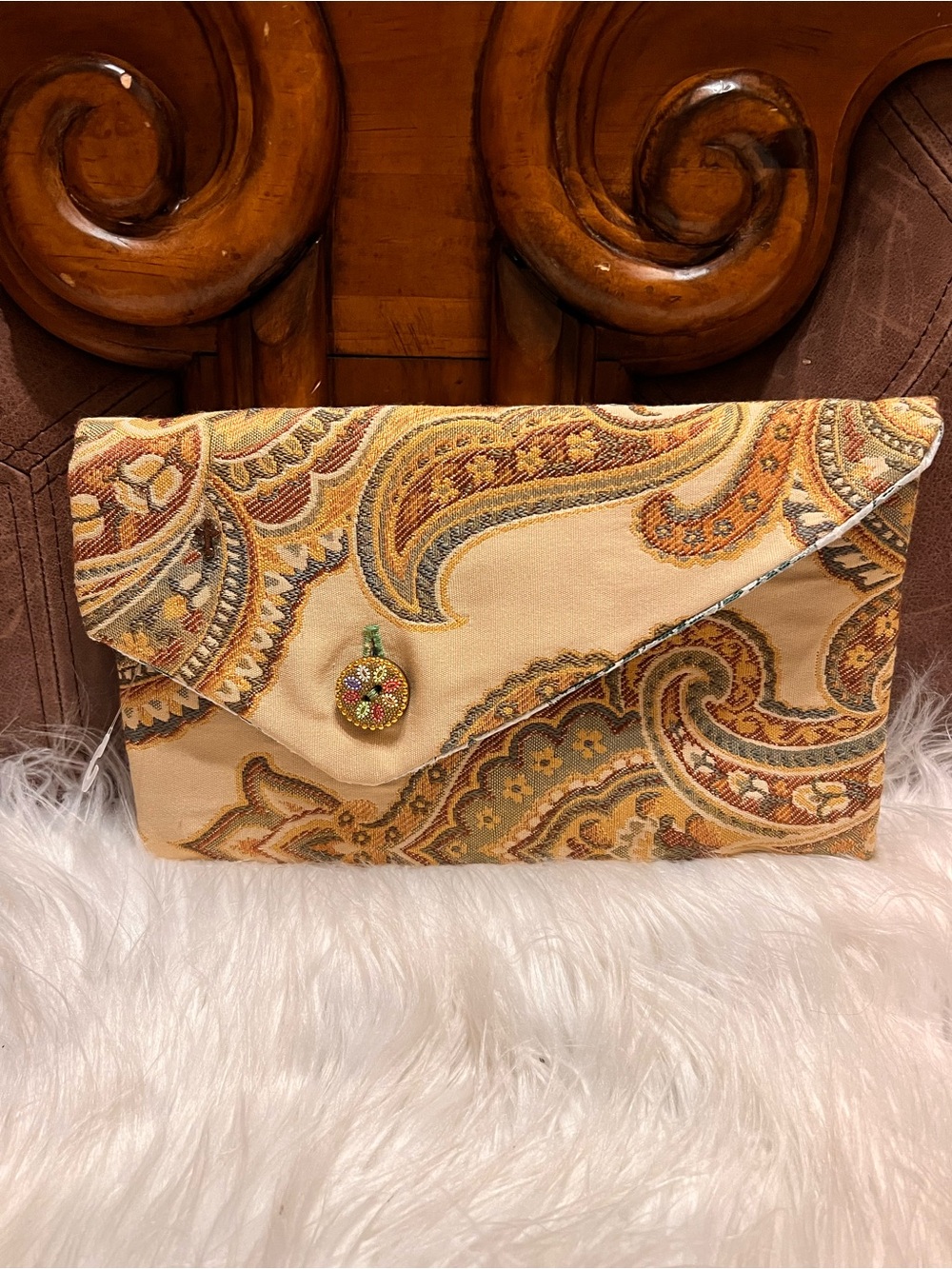 Paisley Envelope Clutch in Beige and Gold